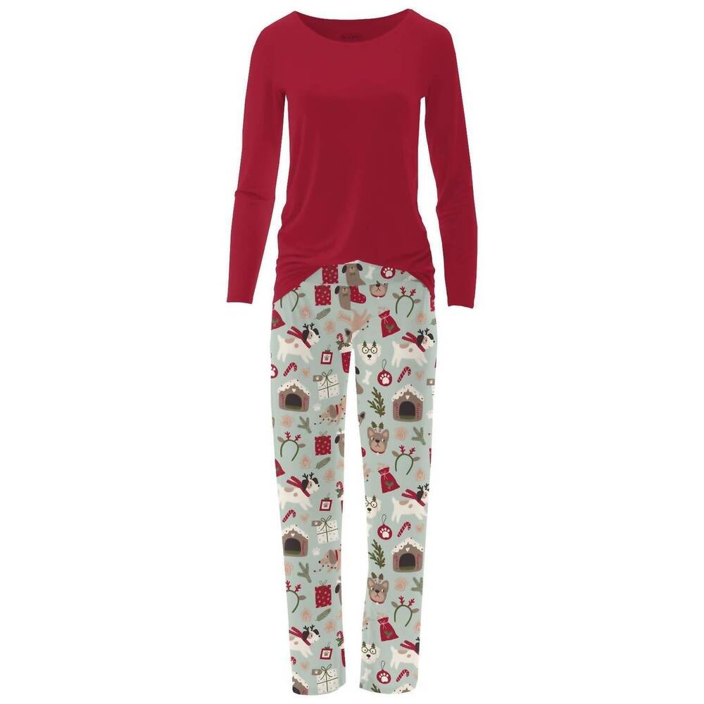 NEW KICKEE women's long sleeve relaxed tee & pajama pants in aloe christmas dogs